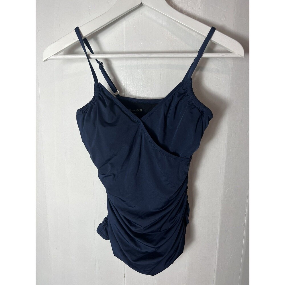 NEW Garnet Hill Womens 4 Navy Ruched Surplice Tankini Swim Bathing Suit Top $79